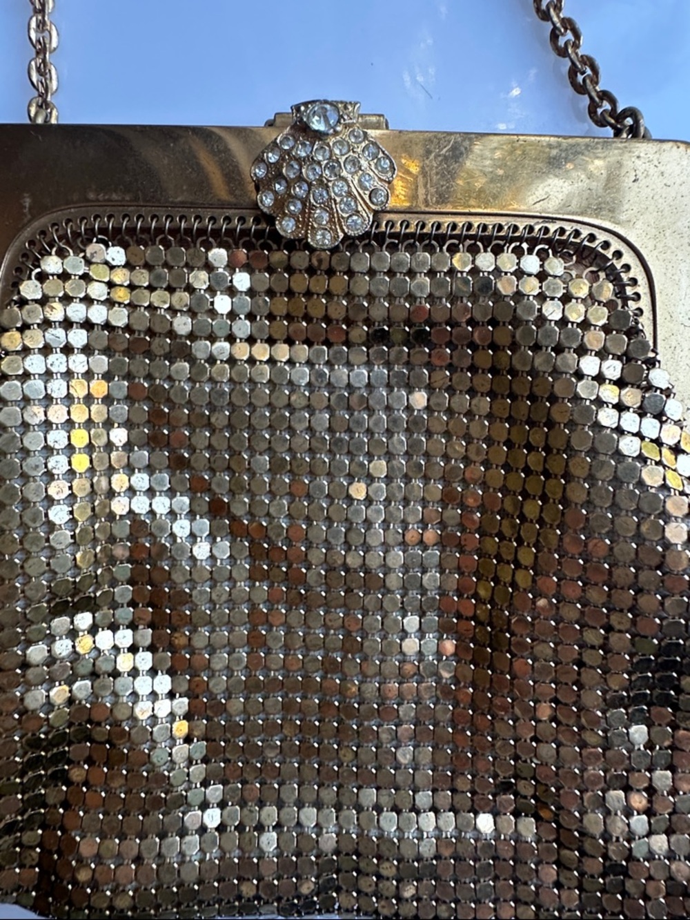 Whiting & Davis Gold Mesh Evening Wristlet with Rhinestone Clasp